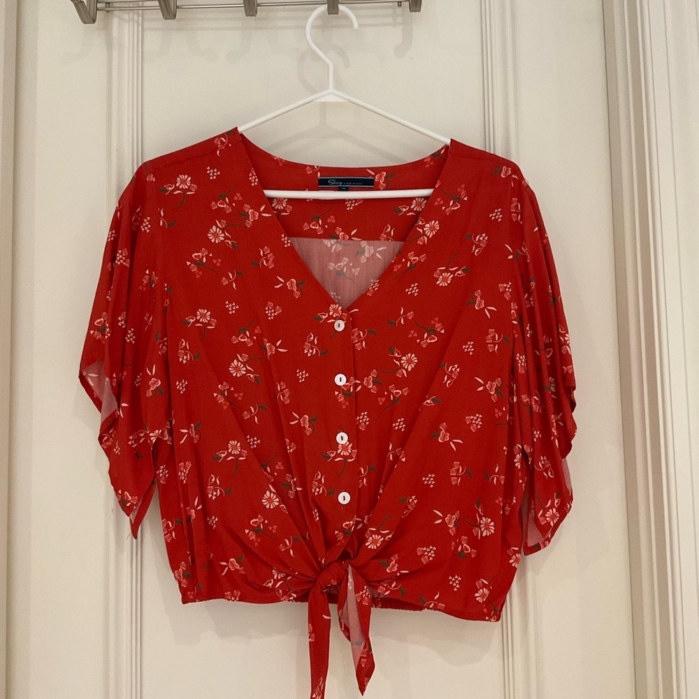 Red Floral Button-Up Tie Top